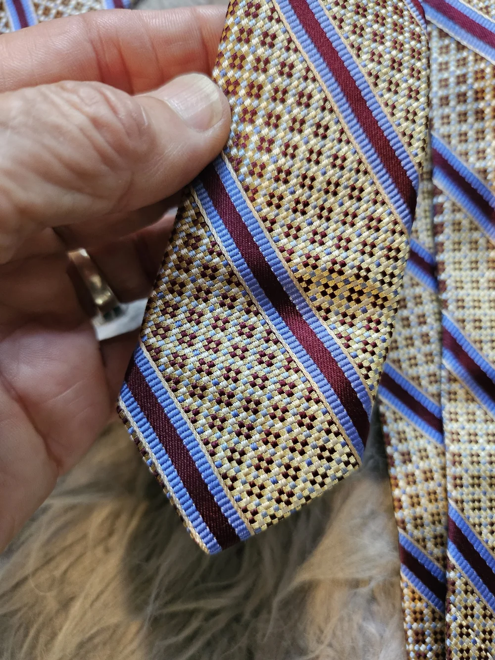 Barneys New York Gold, Maroon Brown & Light Blue Striped Silk Tie 3.5